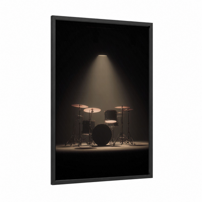 Spotlight Drum Kit framed rock'n roll print — black wood frame — gold and black palette