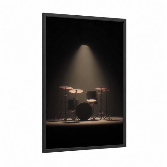 Spotlight Drum Kit framed rock'n roll print — black wood frame — gold and black palette