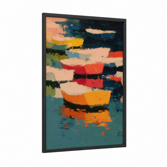 Colorful Sailboats framed sailing print — black wood frame — teal and orange palette