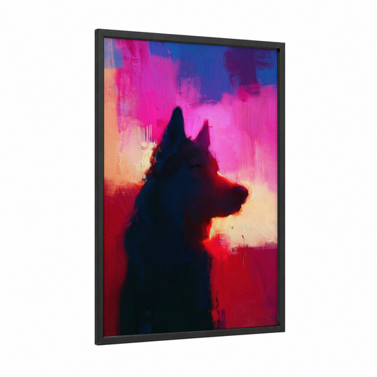 Neon Husky Silhouette framed art print — black wood frame — magenta and blue palette