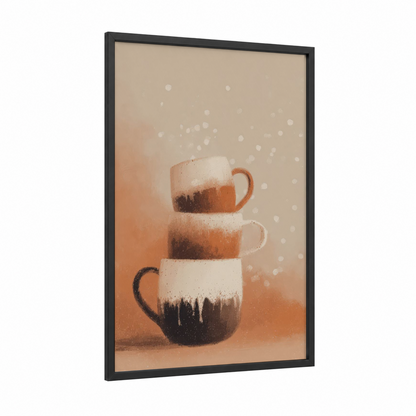 Stacked Coffee Mugs framed kitchen utensils print — black wood frame — peach and beige palette