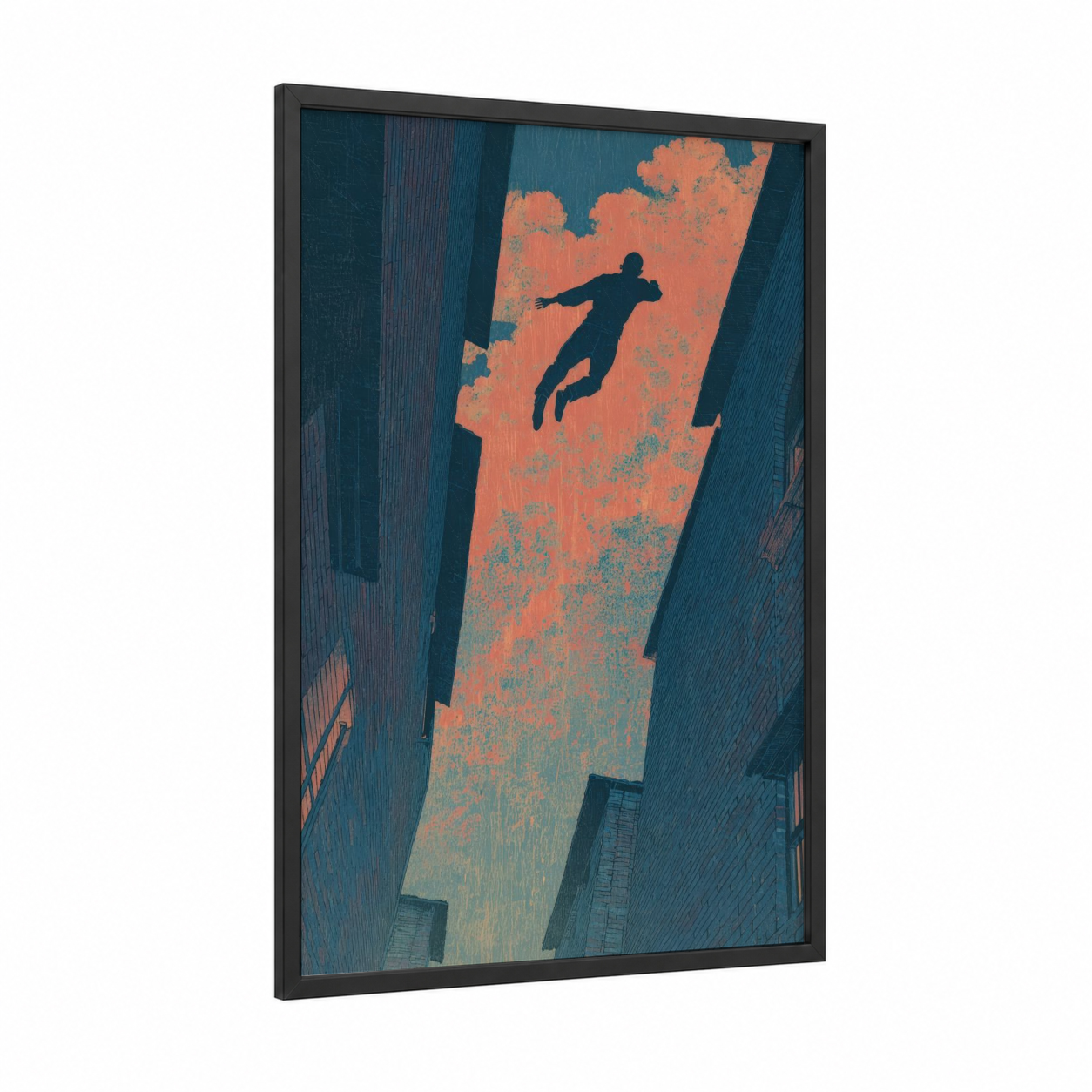Urban Leap framed parkour print — black wood frame — teal and orange palette