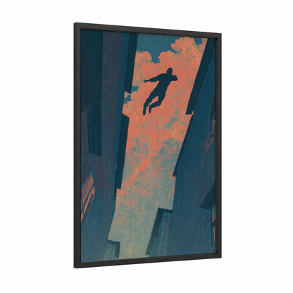 Urban Leap framed parkour print — black wood frame — teal and orange palette