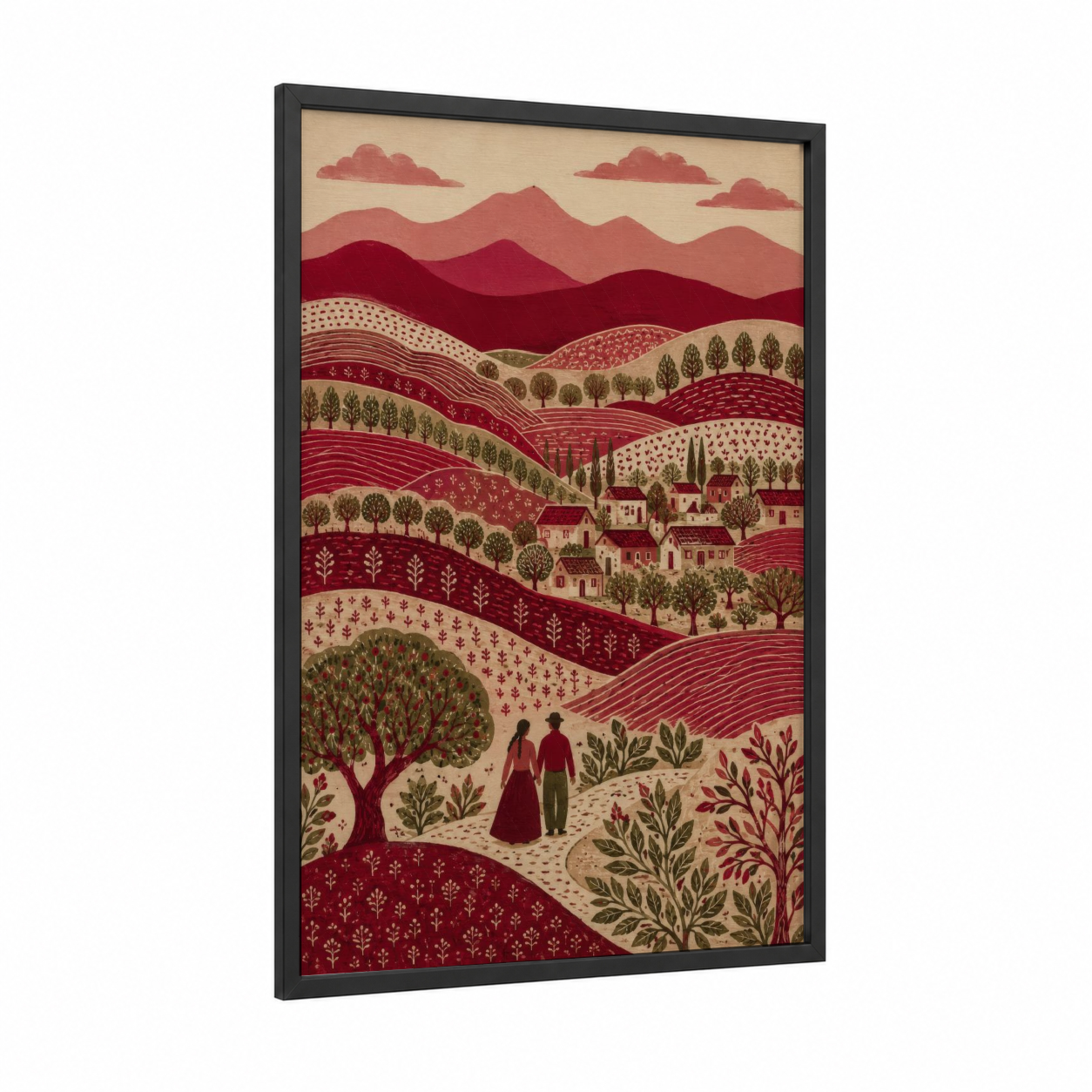 Rural Village Landscape Mountain Wall Art framed art print — black wood frame — maroon and beige palette
