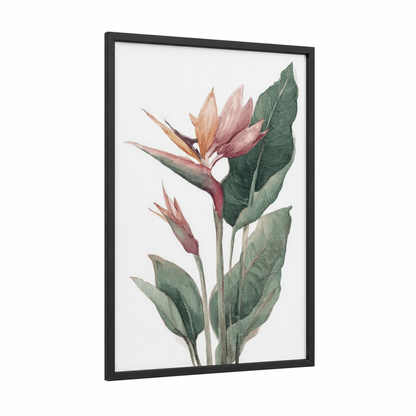 Tropical Bird Blossom framed birds of paradise print — black wood frame — peach and dark green palette