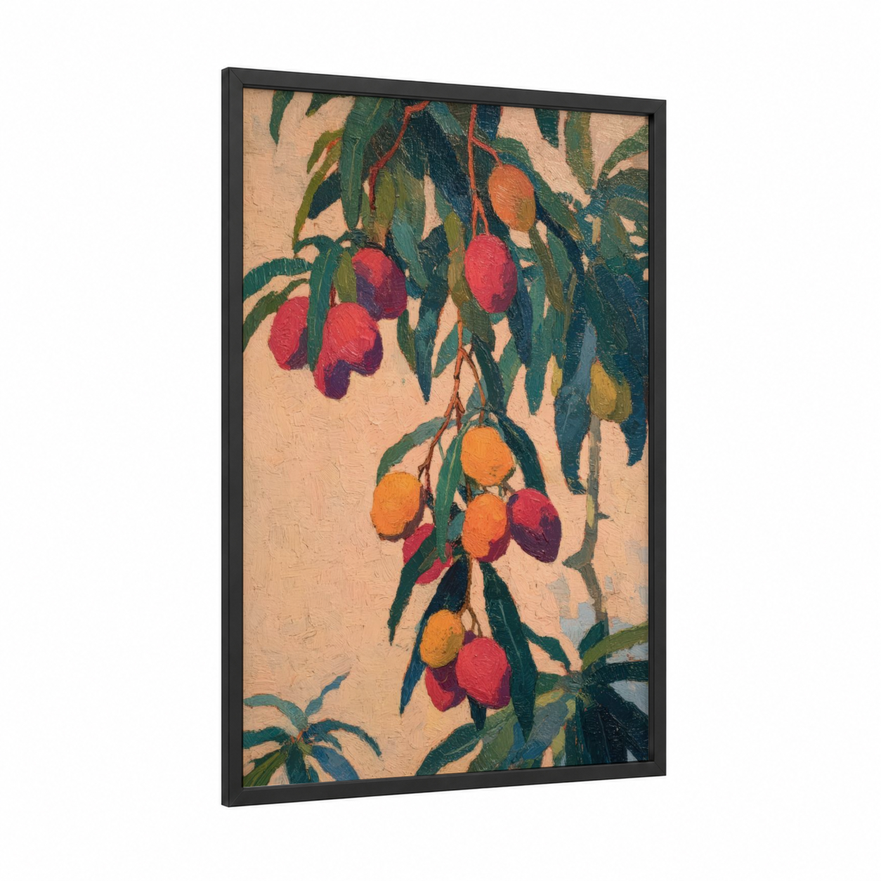 Autumn Fruit Tree framed fruit trees print — black wood frame — red and gold palette
