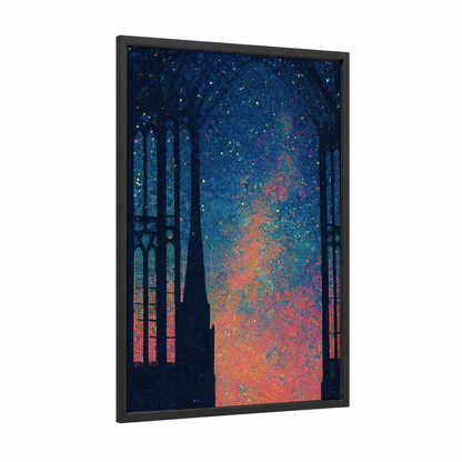Cosmic Cathedral framed milky way print — black wood frame — blue and orange palette
