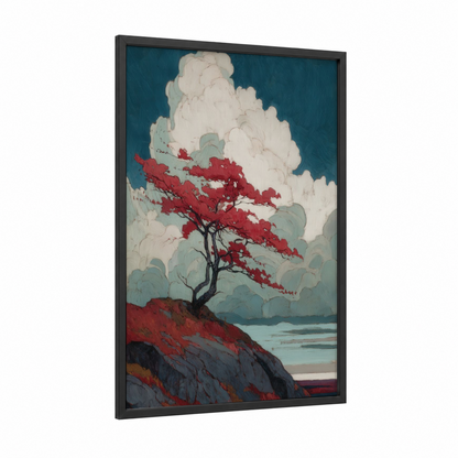 Crimson Arbutus framed arbutus tree print — black wood frame — teal and red palette
