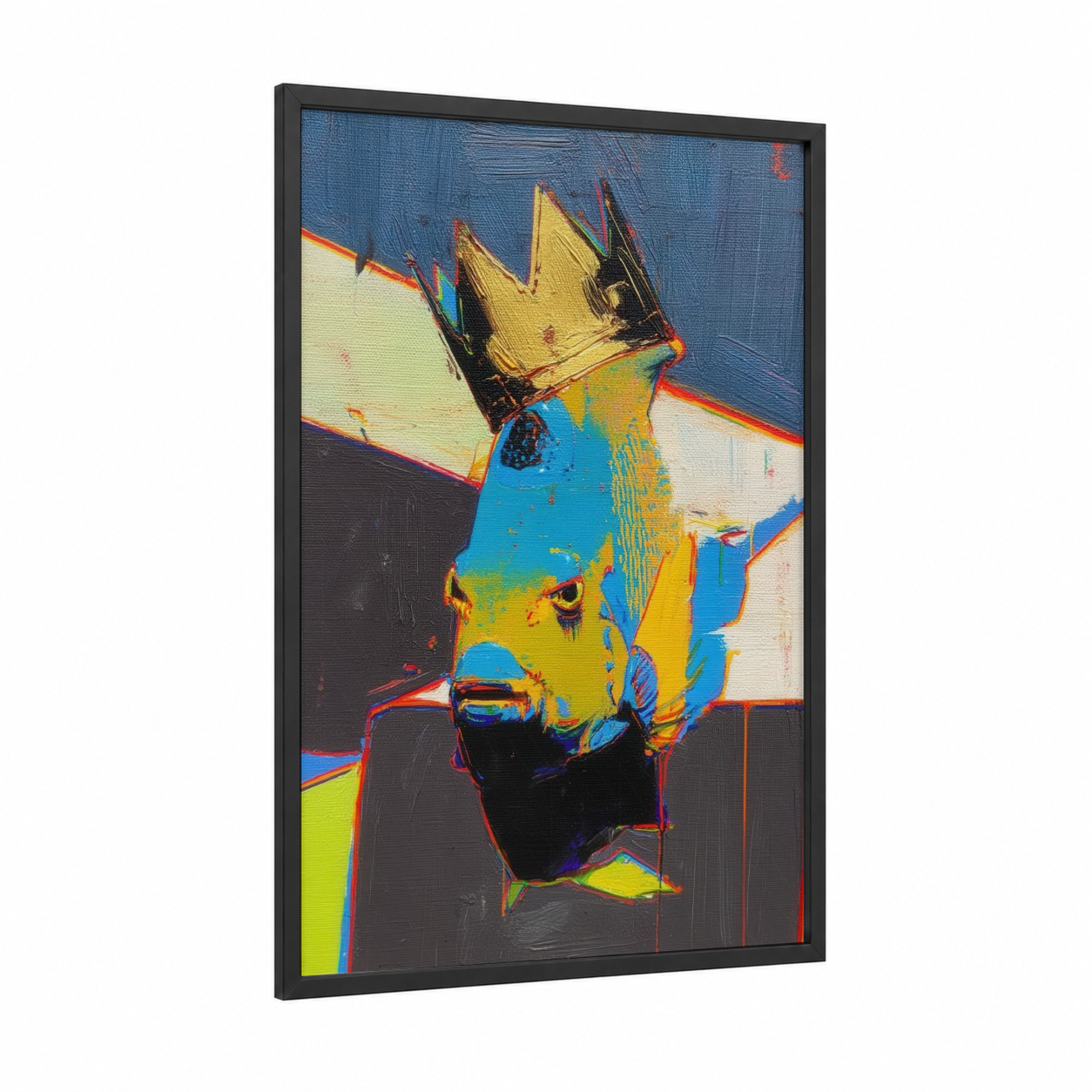 Regal Angel Fish framed art print — black wood frame — blue and yellow gold palette