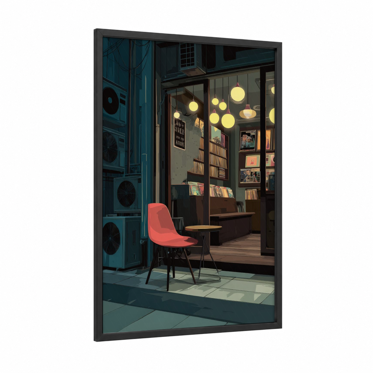Neon Bookstore framed art print — black wood frame — dark blue and salmon pink palette