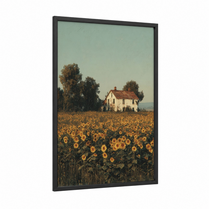 Farmhouse Sunflowers framed sunflower field print — black wood frame — gold and cream palette