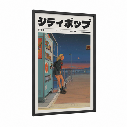 Twilight Vending framed anime and manga print — black wood frame — dark blue and orange palette