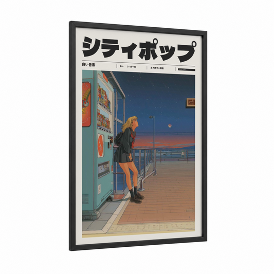 Twilight Vending framed anime and manga print — black wood frame — dark blue and orange palette
