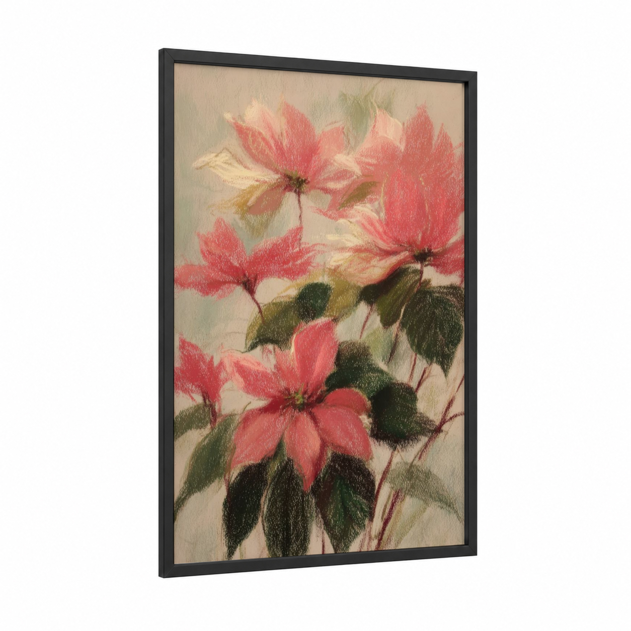 Crimson Poinsettias framed art print — black wood frame — red and sage green palette