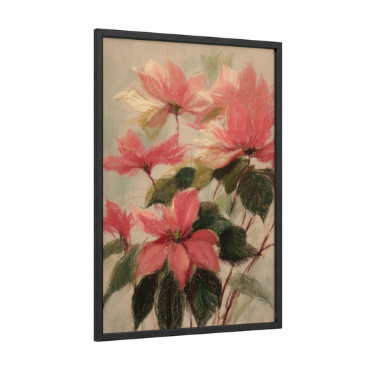 Crimson Poinsettias framed art print — black wood frame — red and sage green palette