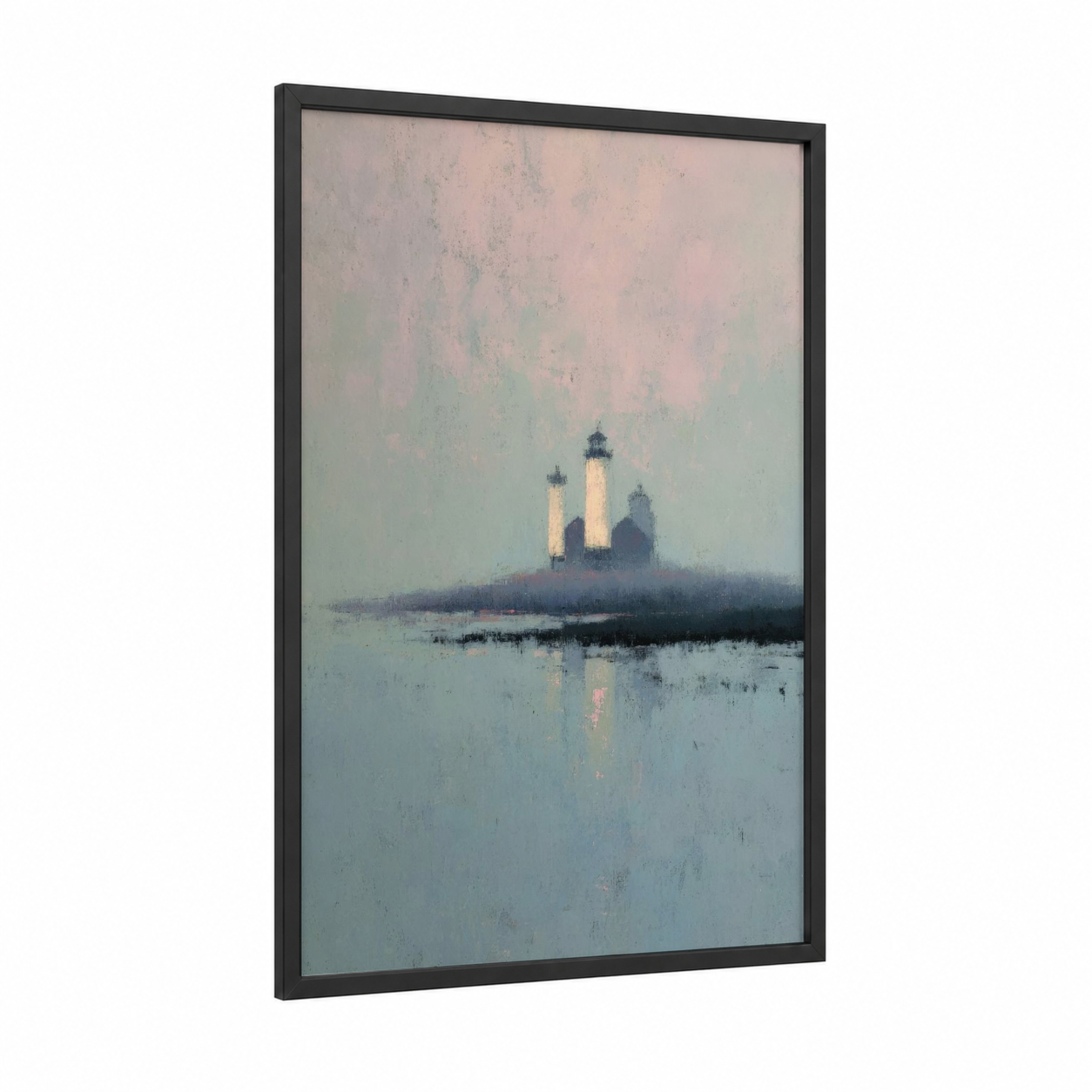 Misty Lighthouse framed art print — black wood frame — sage green and cream palette
