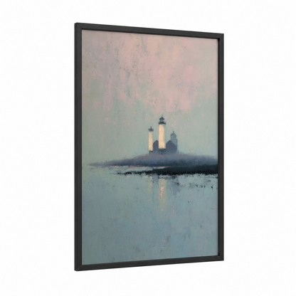Misty Lighthouse framed art print — black wood frame — sage green and cream palette