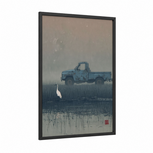Abandoned Truck framed art print — black wood frame — blue and gray palette