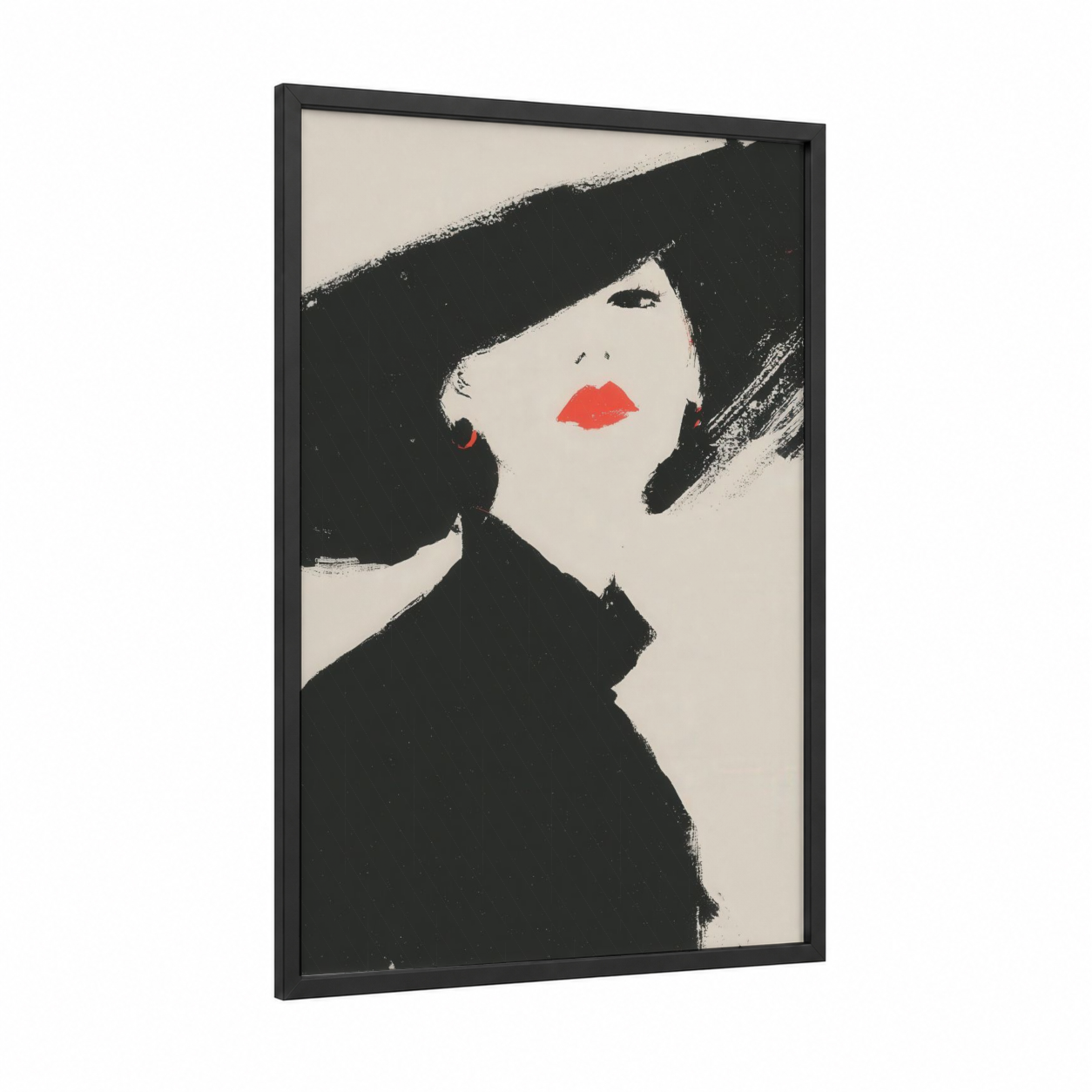 Bold Red Lips framed make up print — black wood frame — black and white and red palette
