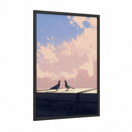 Urban Pigeons Rooftop framed art print — black wood frame — peach and blue palette