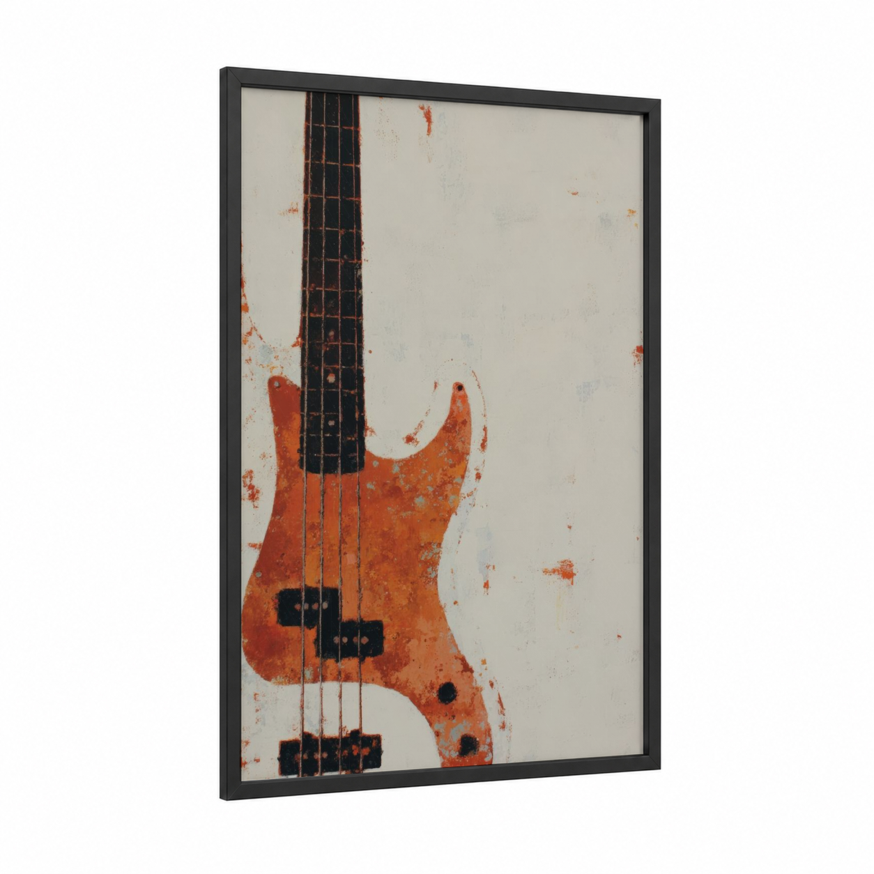 Rustic Bass Guitar framed art print — black wood frame — cream palette