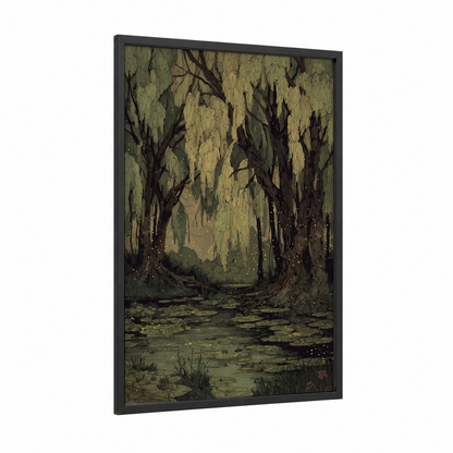 Enchanted Willow framed willow forest print — black wood frame — olive and gold palette