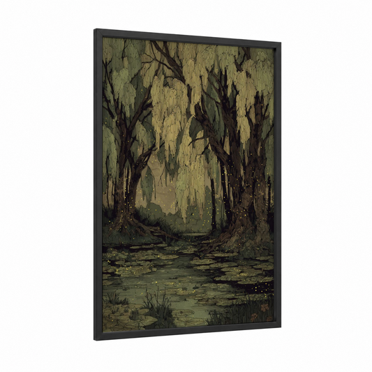 Enchanted Willow framed willow forest print — black wood frame — olive and gold palette