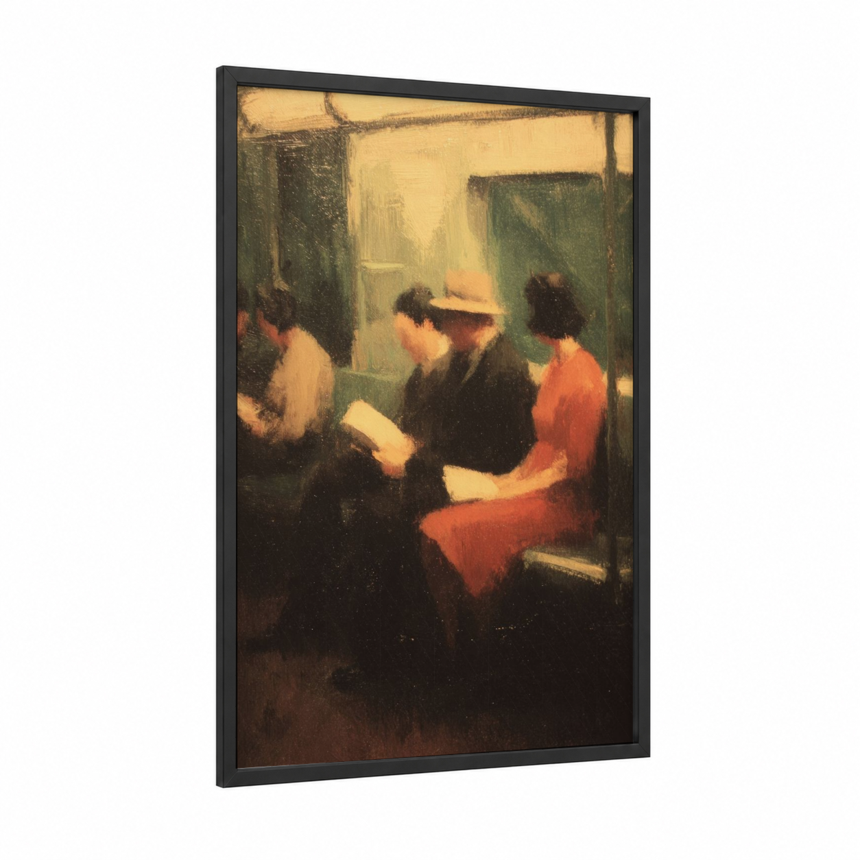 Literary Gathering framed reading print — black wood frame — gold and brown palette