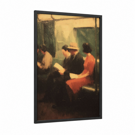 Literary Gathering framed reading print — black wood frame — gold and brown palette