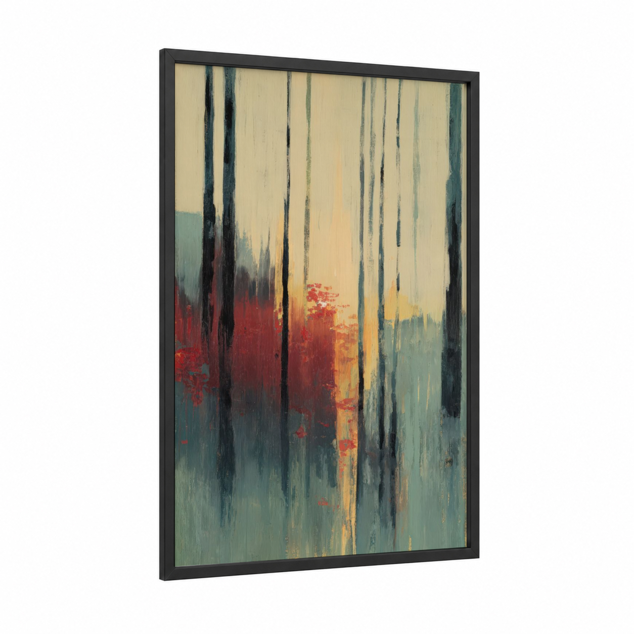 Autumn Forest Glow framed forest trees print — black wood frame — gold and teal palette