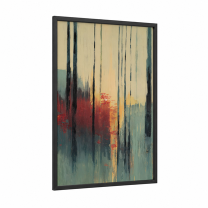 Autumn Forest Glow framed forest trees print — black wood frame — gold and teal palette
