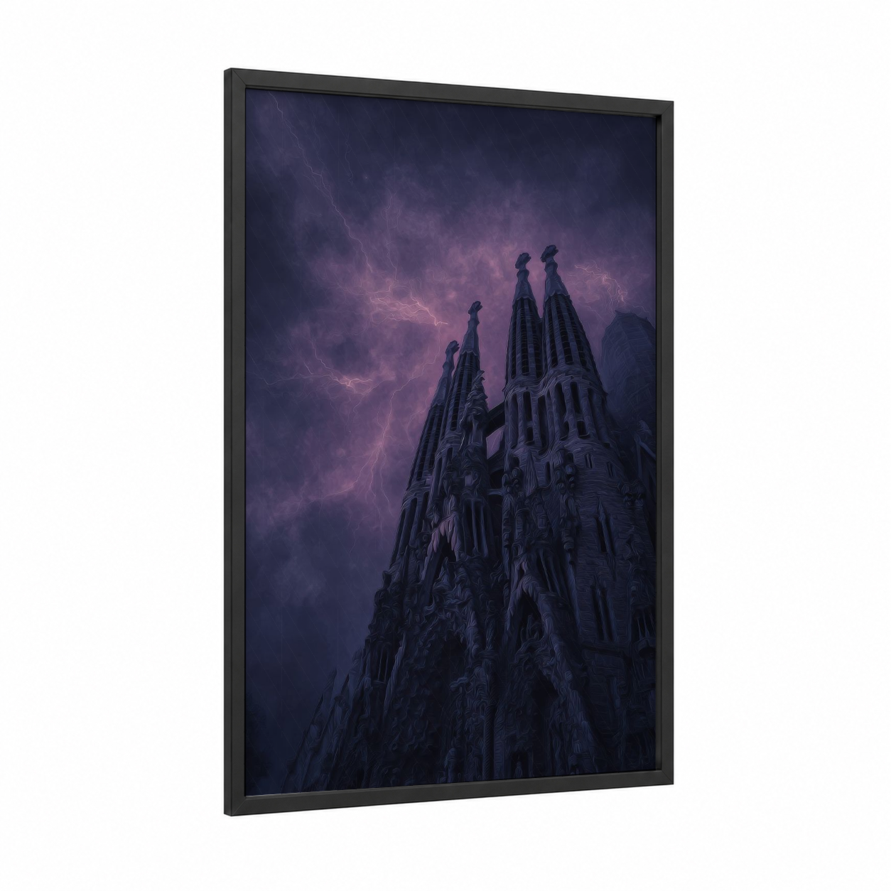 Gothic Cathedral Storm framed sagrada familia print — black wood frame — purple and black palette
