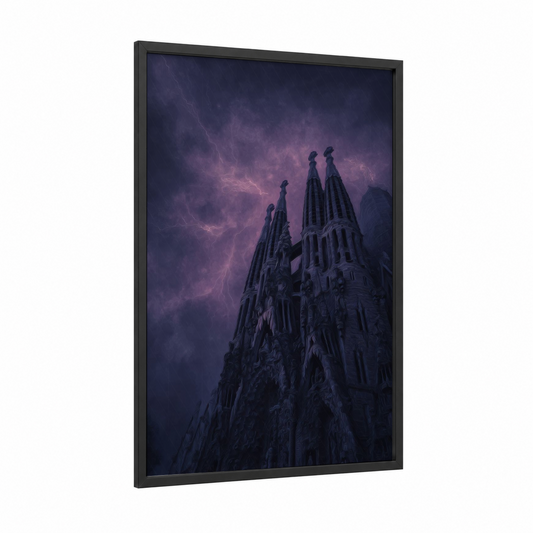Gothic Cathedral Storm framed sagrada familia print — black wood frame — purple and black palette