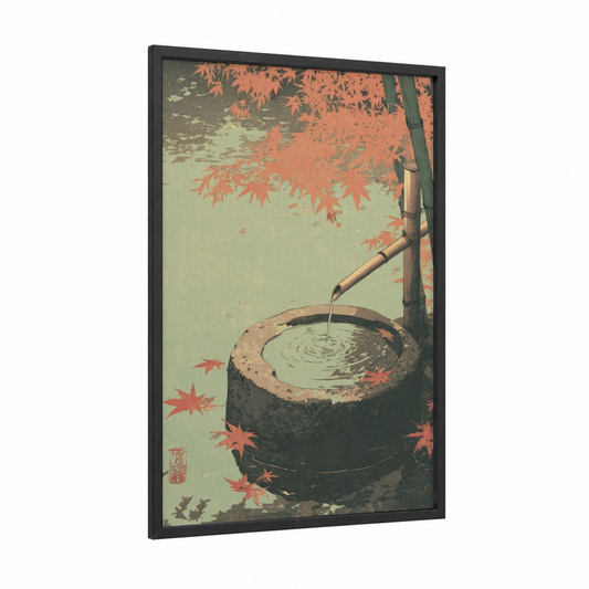 Autumn Water Garden framed fountains print — black wood frame — sage green palette