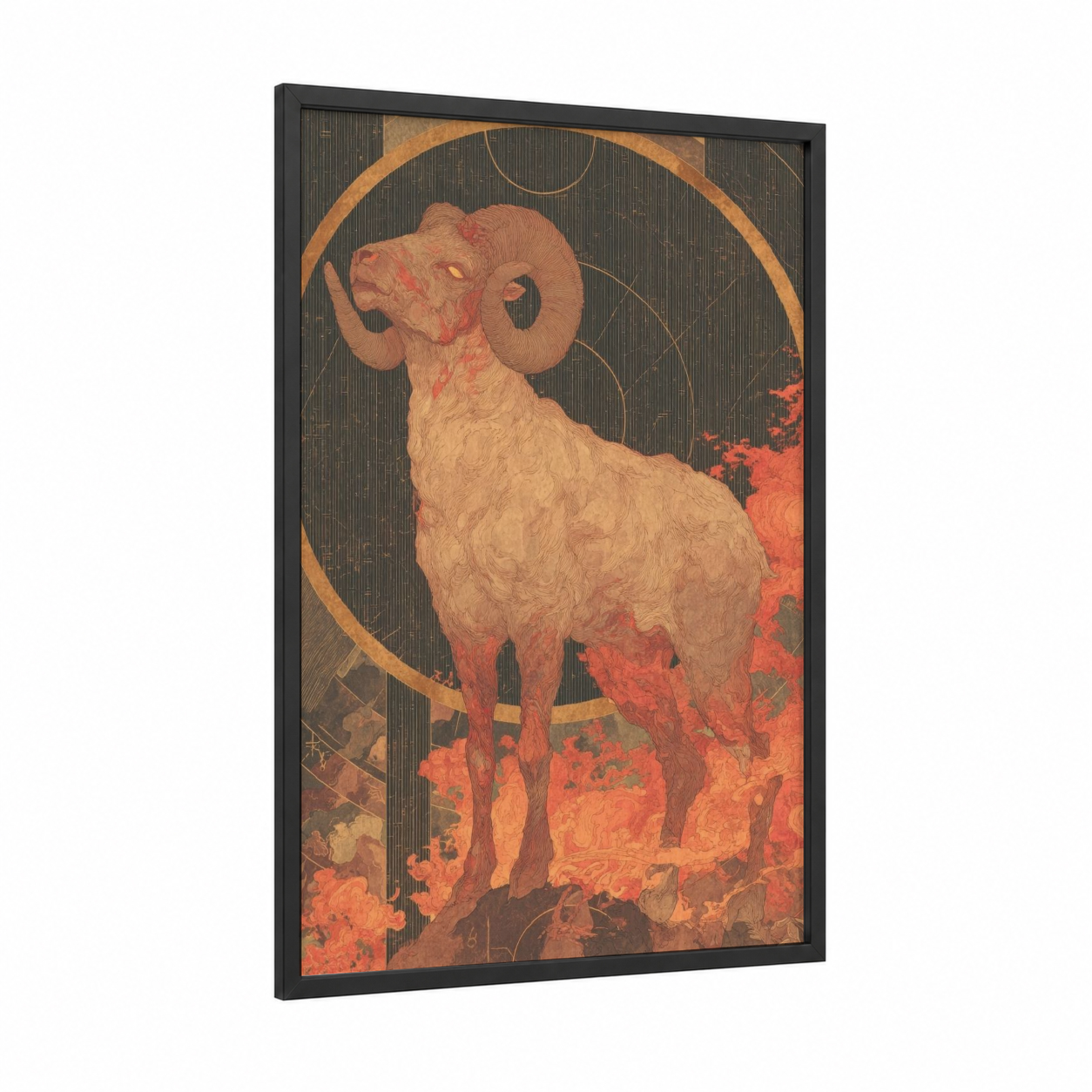 Celestial Aries framed art print — black wood frame — gold and russet palette