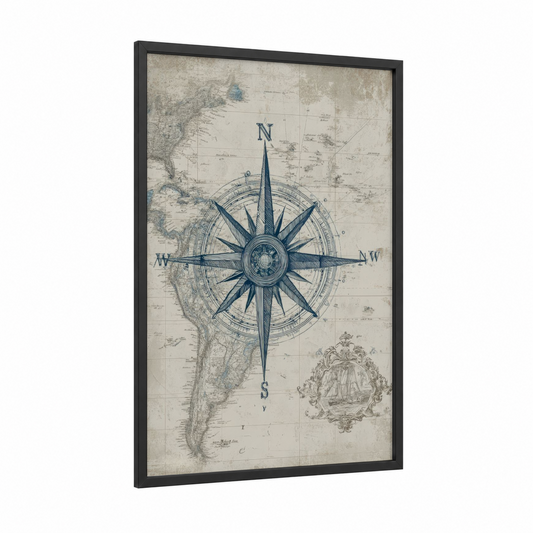 Vintage Compass Rose framed art print — black wood frame — cream and dove gray palette