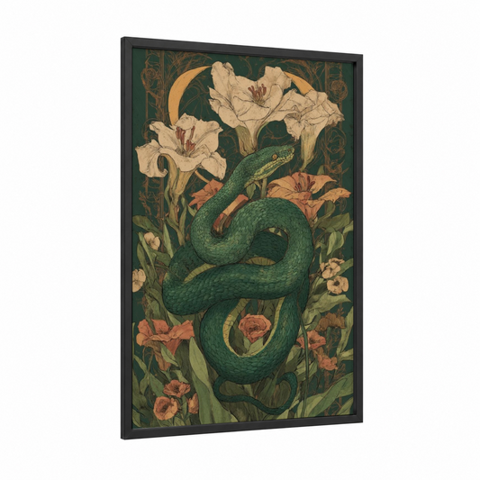 Emerald Garden Python framed art print — black wood frame — dark green and peach palette