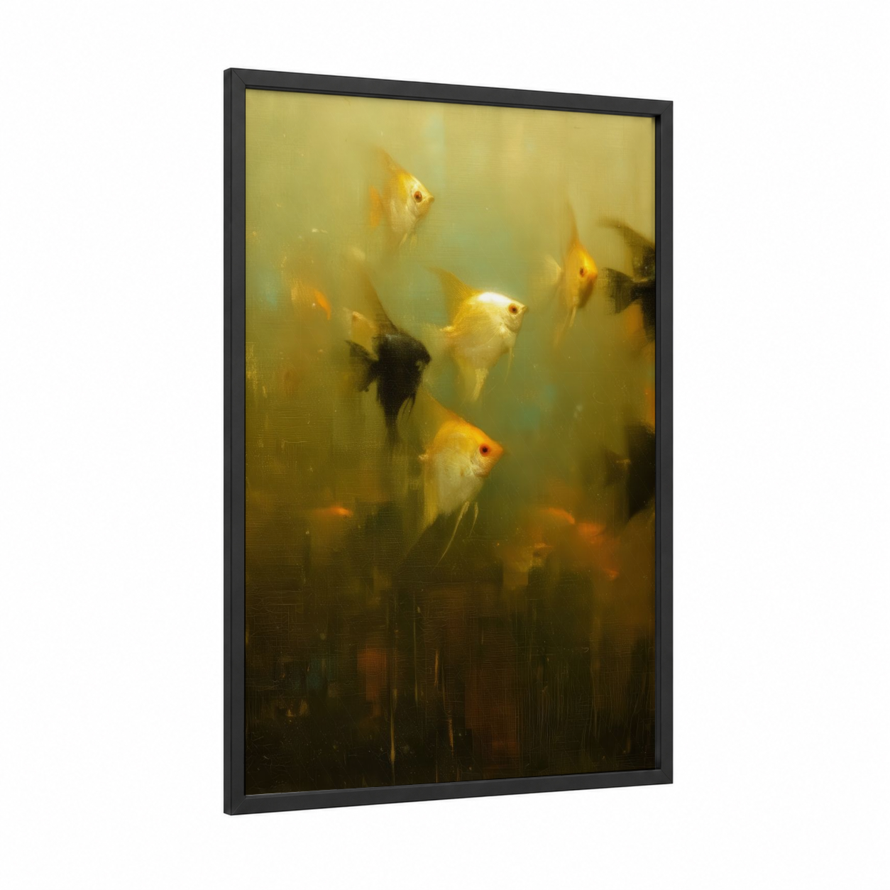 Golden Angel Fish framed art print — black wood frame — yellow gold and olive palette
