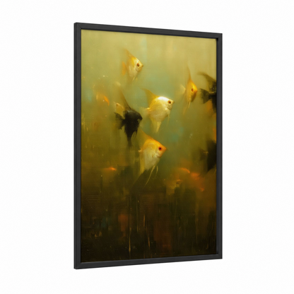 Golden Angel Fish framed art print — black wood frame — yellow gold and olive palette