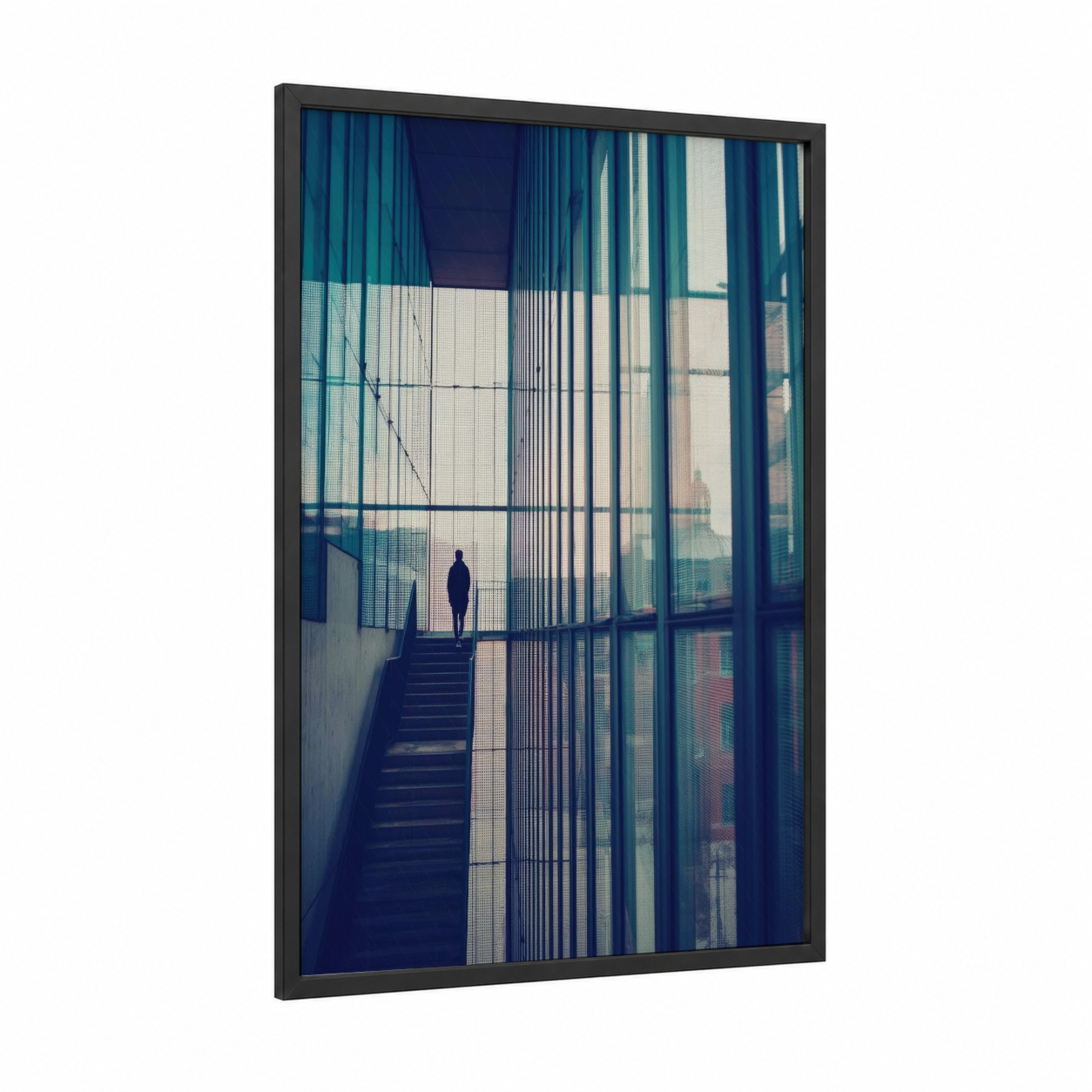 Staircase Contemplation framed abstract architecture print — black wood frame — teal palette