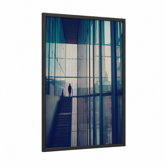 Staircase Contemplation framed abstract architecture print — black wood frame — teal palette
