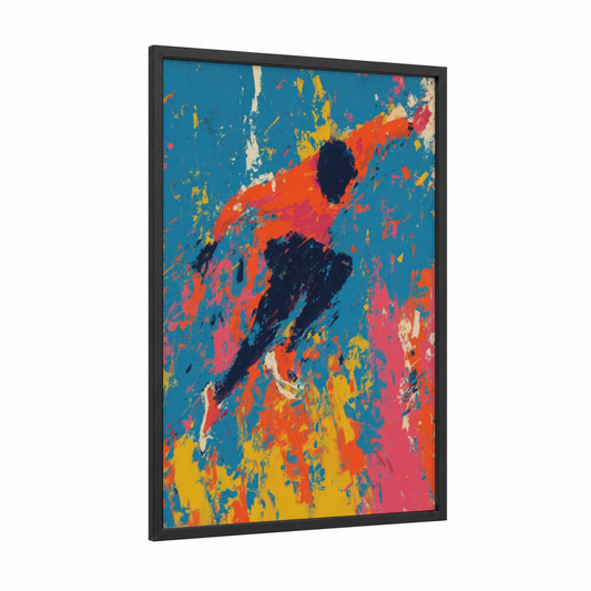 Dynamic Parkour framed art print — black wood frame — blue and orange palette