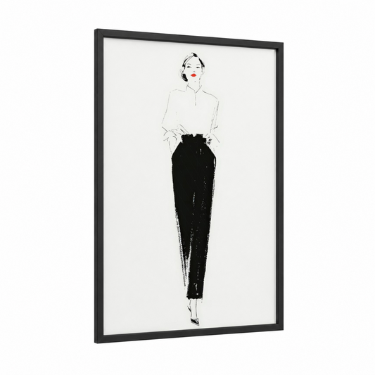 Elegant Sophisticate framed fashion illustration print — black wood frame — black and white palette