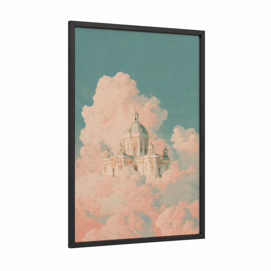 Heavenly Temple framed art print — black wood frame — teal and peach palette