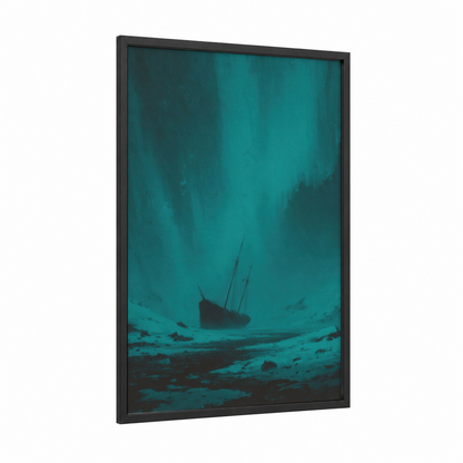 Sunken Shipwreck framed old ships print — black wood frame — teal and black palette