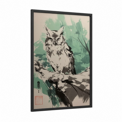 Emerald Owl framed art print — black wood frame — light green and black and white palette