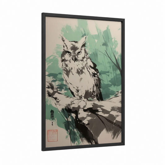 Emerald Owl framed art print — black wood frame — light green and black and white palette