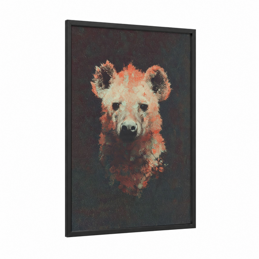 Crimson Hyena framed art print — black wood frame — russet and peach palette