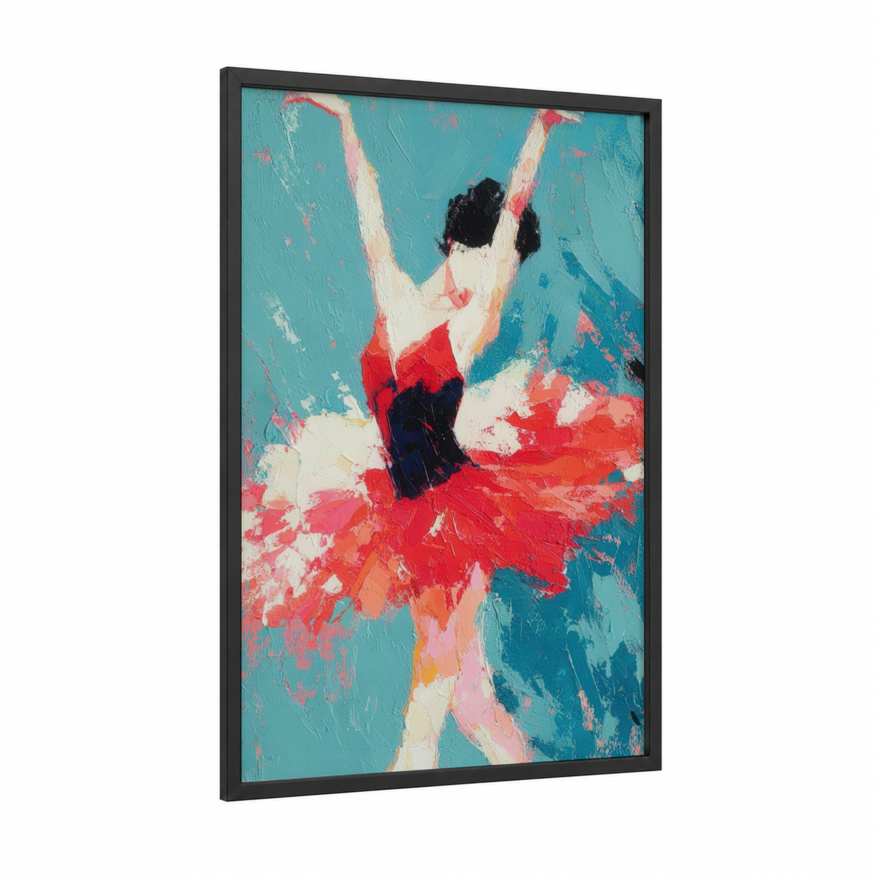 Crimson Dancer framed ballet print — black wood frame — turquoise and red palette