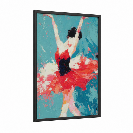 Crimson Dancer framed ballet print — black wood frame — turquoise and red palette